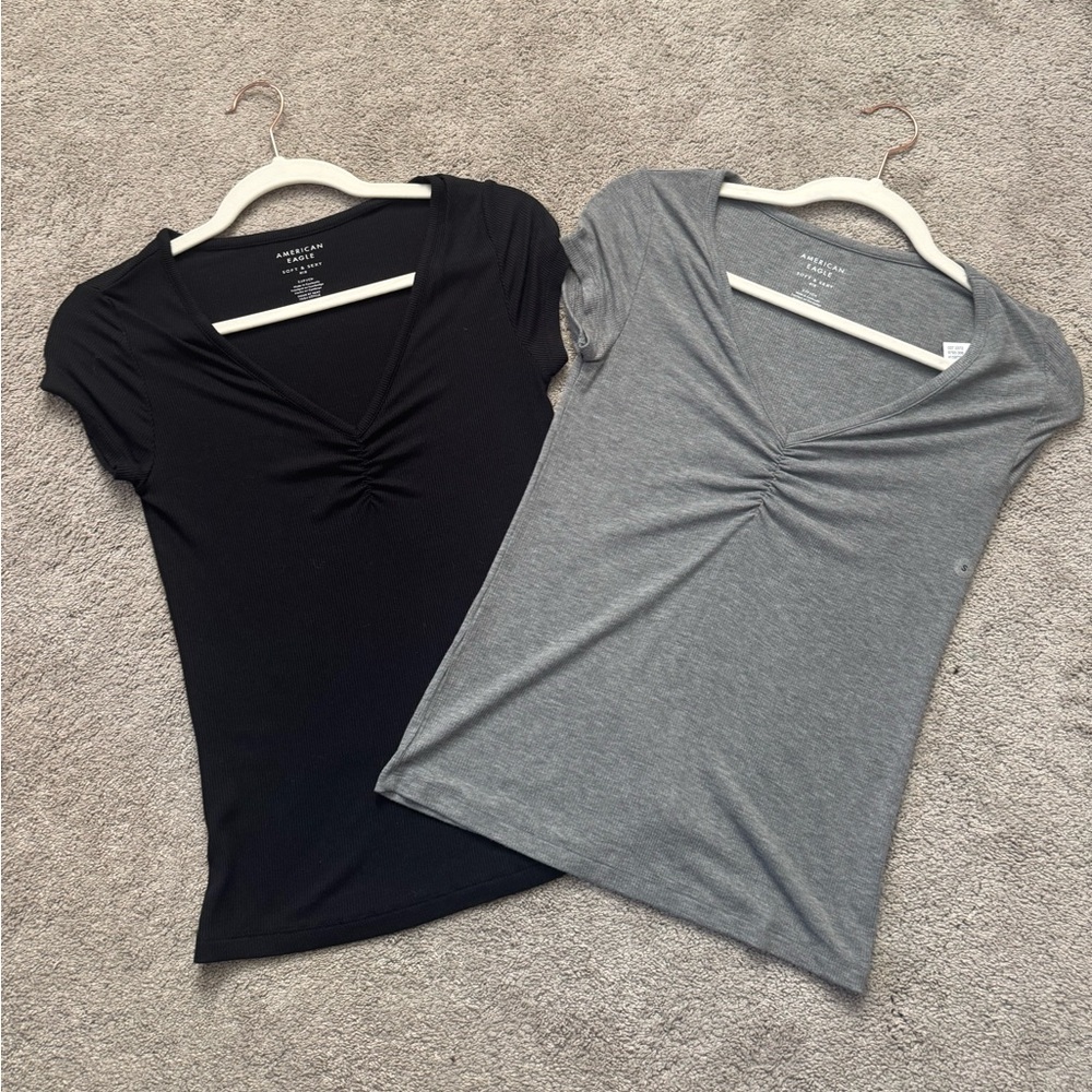 American Eagle Outfitters Black and Gray V-Neck Tops